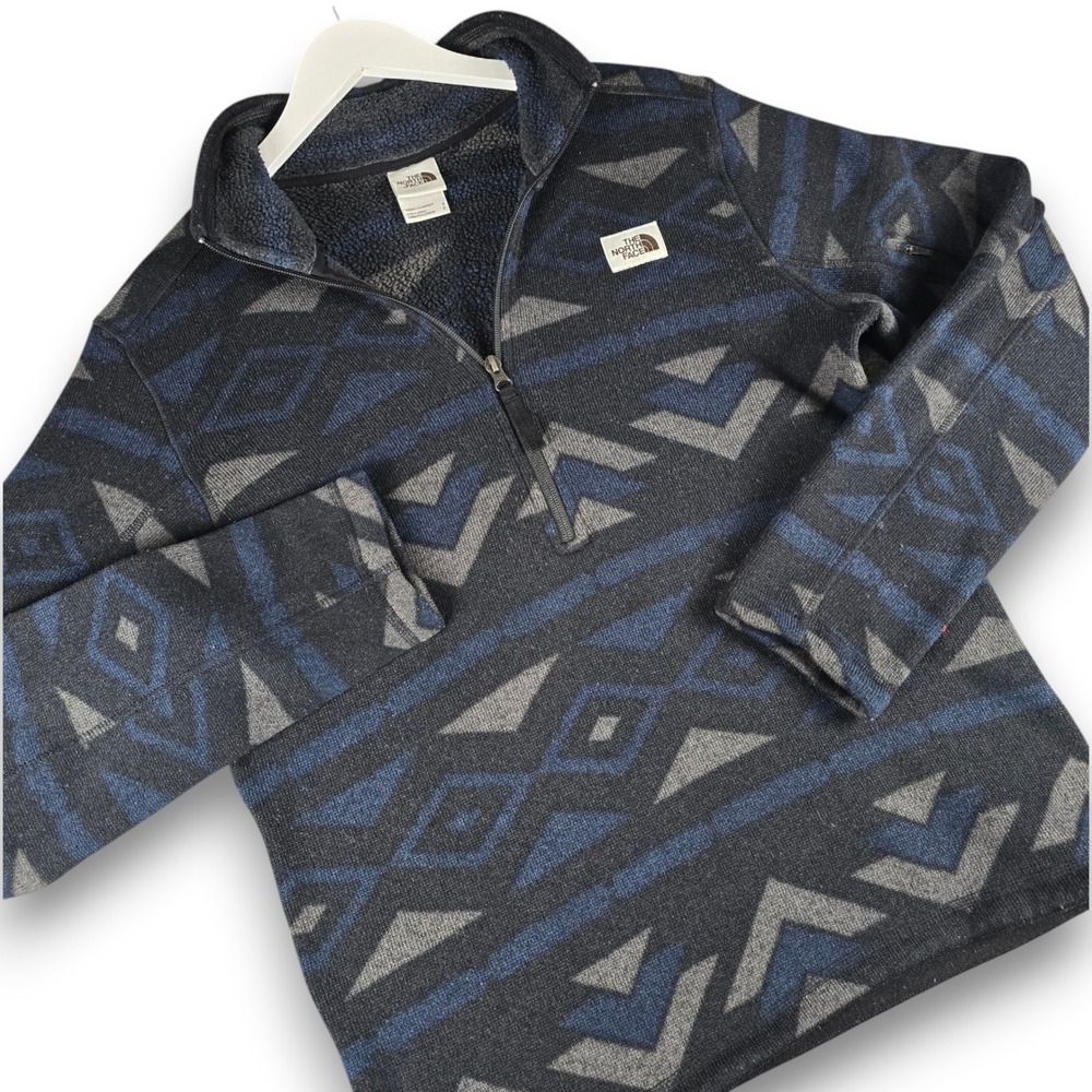 The North Face Mens S Blue Aztec Geometric Sherpa Fleece Quarter Zip Pullover